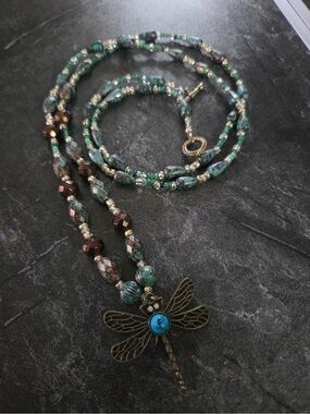 Turquoise Dragonfly Beaded Necklace - Unbranded